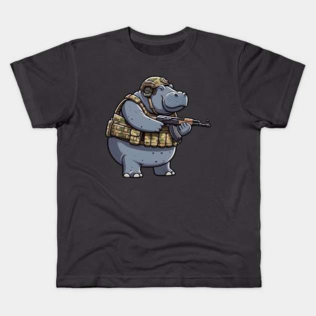 Tactical Hippo Kids T-Shirt by Rawlifegraphic